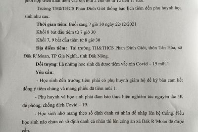 Trường TH&THCS Phan Đình Giót thông báo lịch tiêm vắc xin Covid – 19 mũi 2 dành cho trẻ từ 12 tuổi đến 17 tuổi